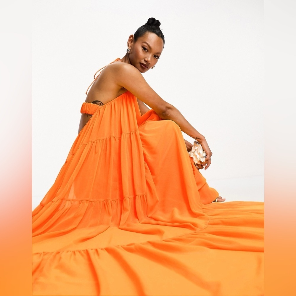 ASOS Bright Orange Sheer Over Slip Halter Maxi Dress - Picture 2 of 11